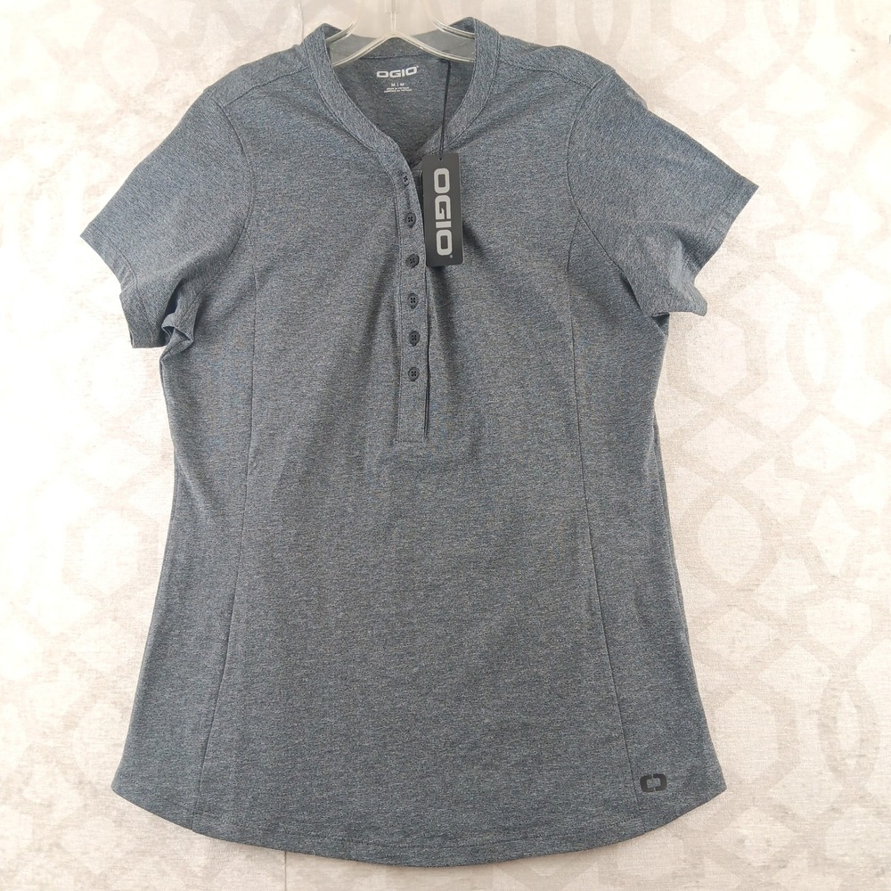 OGIO Women's Gray Heathered Short Sleeve Button Henley Polo Shirt‎ M